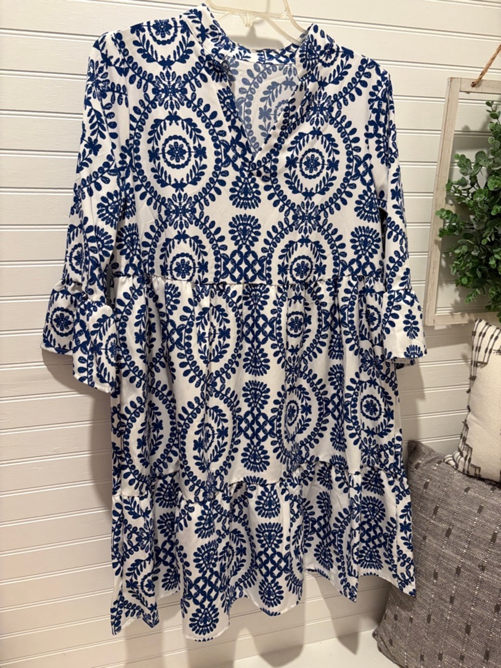 Blue and White Printed Tiered Tunic Dress